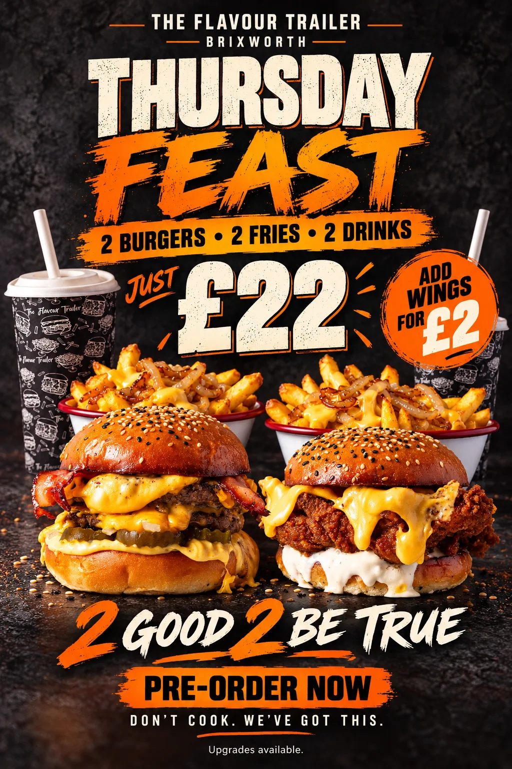 Thursday Feast poster — 2 burgers, 2 fries and 2 drinks for £22 at The Flavour Trailer, Brixworth